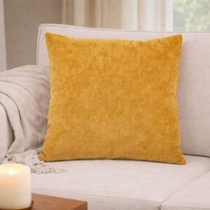 Chenille pudebetræk gul med velourbagside – 45×45 cm