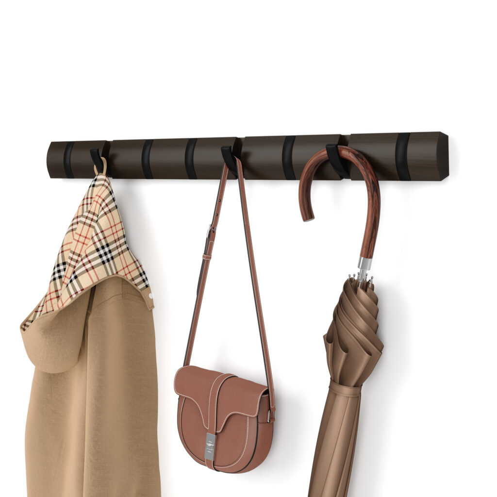 Knagerække Flip 8-Hook Walnut Black med 8 vippekroge i valnødfinish