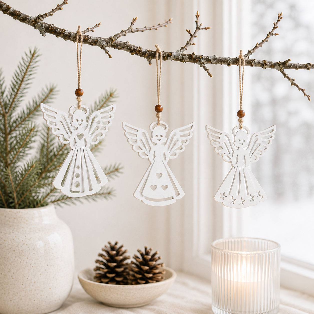 Engle ornamenter i træ i hvid hængende på gren i nordisk juledekoration