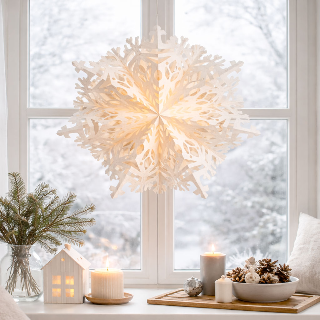 Asta Snowflake lampeskærm i papir formet som snekrystal i nordisk design