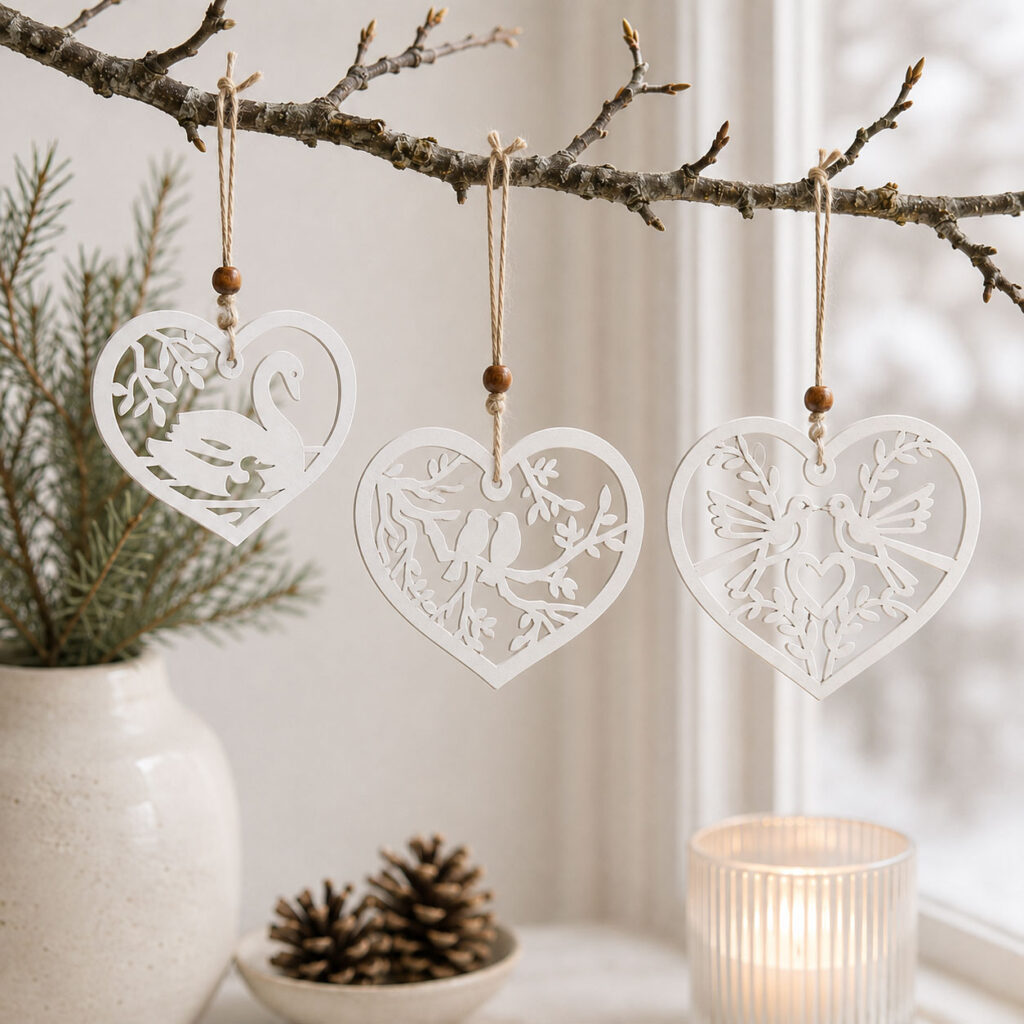 Hjerte ornamenter i træ i hvid med fuglemotiver hængende på gren