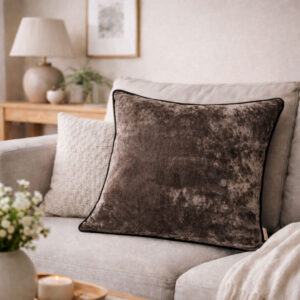 Pudebetræk Velvet Lush nøddebrun 50x50 cm med sort piping i nordisk indretning