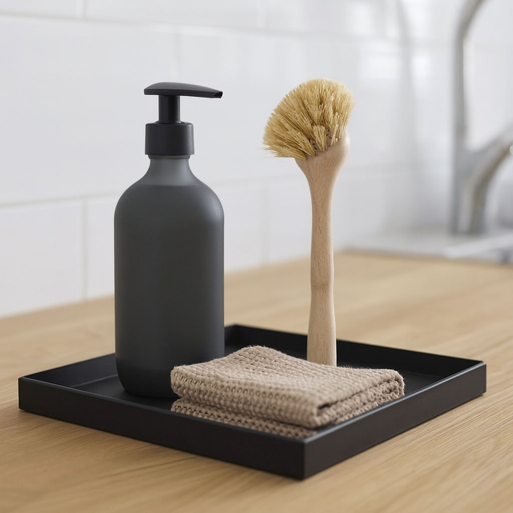 Sort bakke fra Sej Design med opvaskeflaske, opvaskebørste og strikket karklud på lys egetræs bordplade i nordisk køkken.