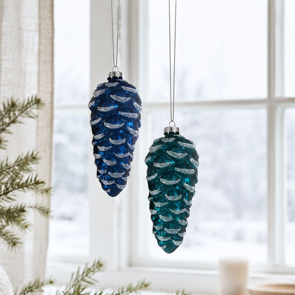 Glas ornament grankogle 2-pak i blå og turkis 16 cm med sølvglimmer