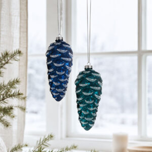 Glas ornament grankogle 2-pak i blå og turkis 16 cm med sølvglimmer