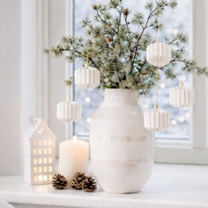 Papirornament Tromme i papir Ø8 cm – håndlavet julepynt i 4-pak