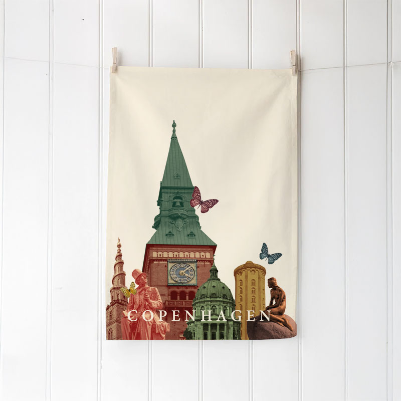 Viskestykke i 100% bomuld med motiv af Københavns tårne og HC Andersen-statue