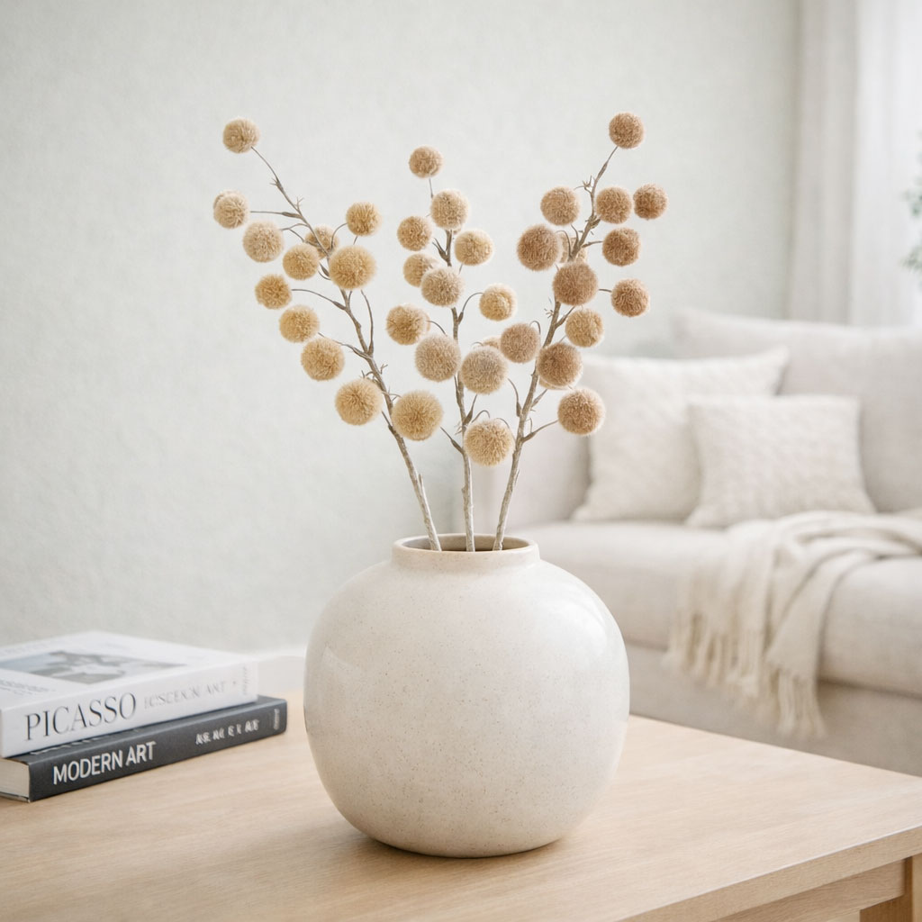 Kunstig Billy Button gren 71 cm i nordisk indretning i stor rund vase