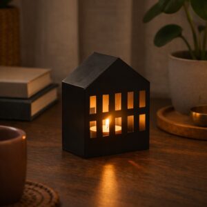 Sort metal hus fyrfadsstage – stilrent lyshus i metal