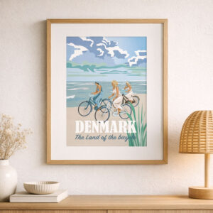 Denmark plakat med cyklister ved kysten i nordisk design