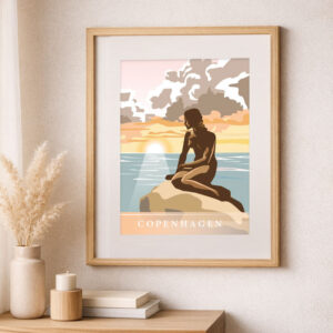 København plakat med Den Lille Havfrue i solnedgang i nordisk design