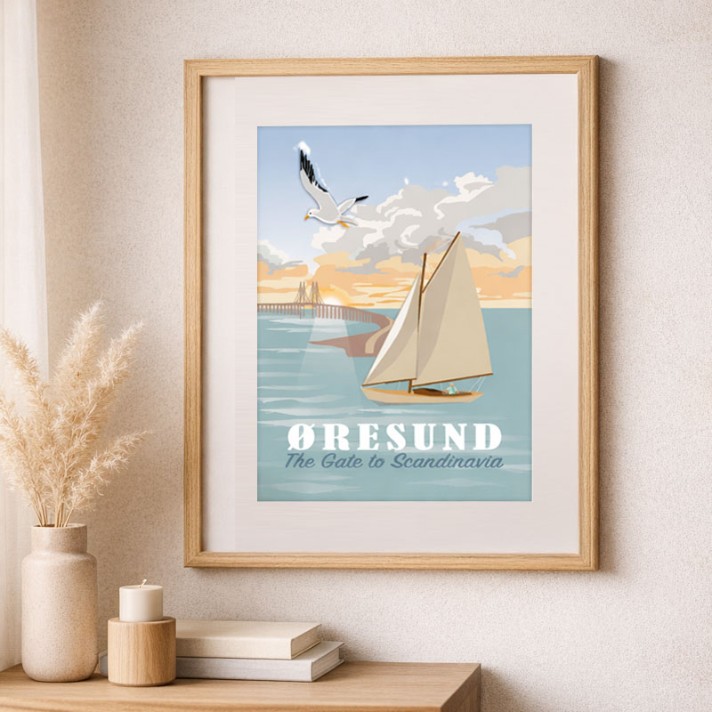 Øresund plakat med sejlskib, bro og nordisk kyststemning