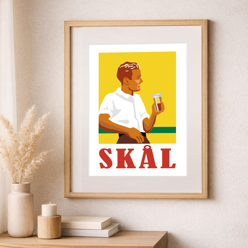 SKÅL plakat i grafisk retrodesign med mand og øl