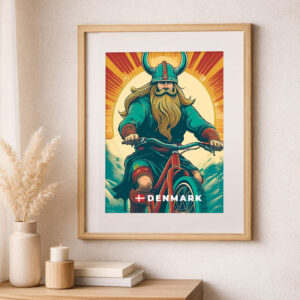 Danmark plakat med viking på cykel i grafisk nordisk design