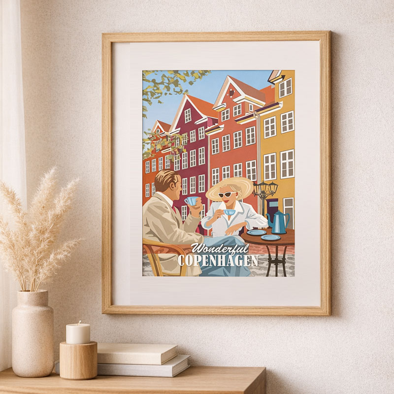 København plakat fra Gråbrødre Torv med cafémiljø og historisk arkitektur