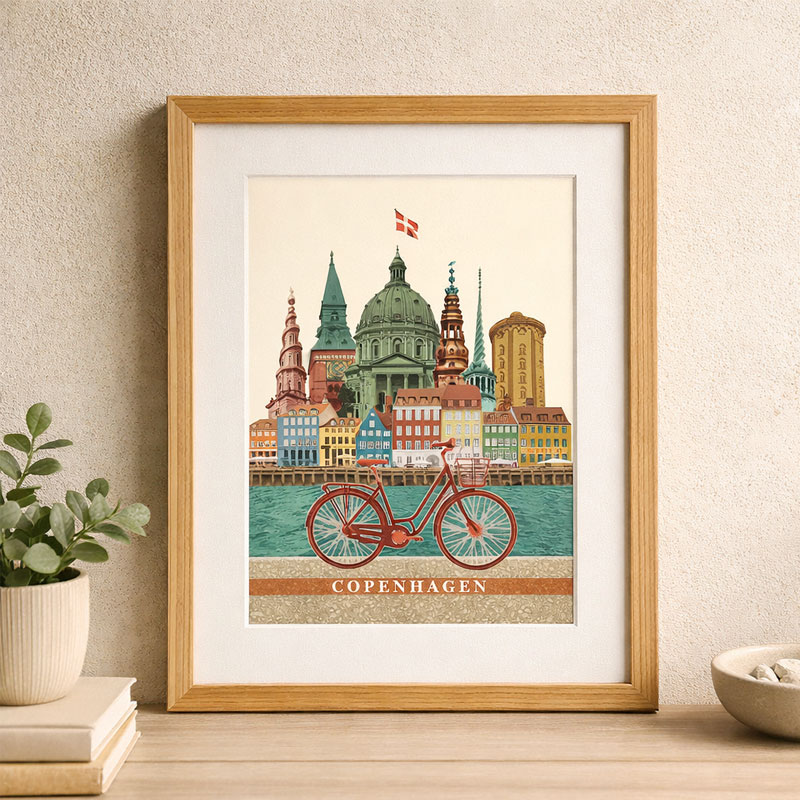 København plakat med cykel og farverige bygninger i nordisk design