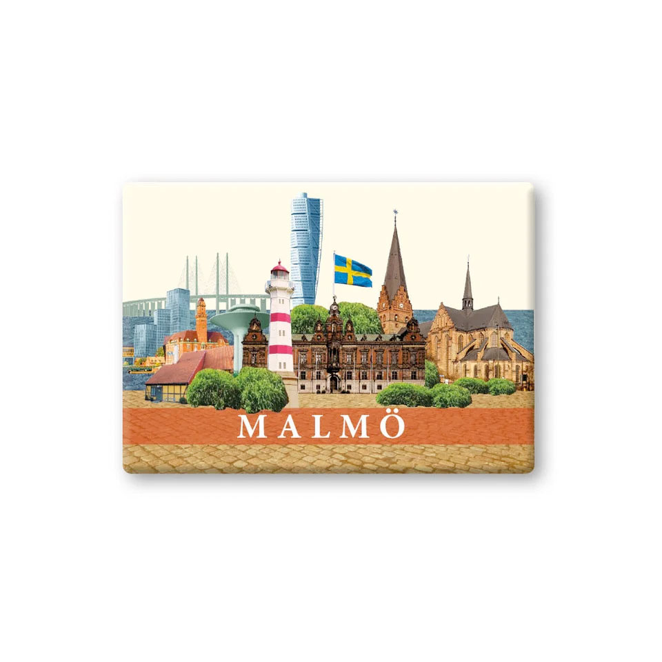 Malmø køleskabsmagnet med ikoniske bygninger og skyline i nordisk design