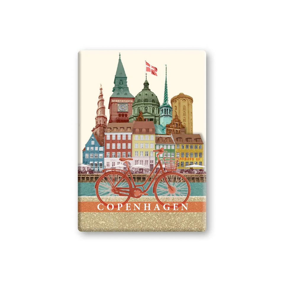 København køleskabsmagnet med Nyhavn, tårne og klassisk cykel