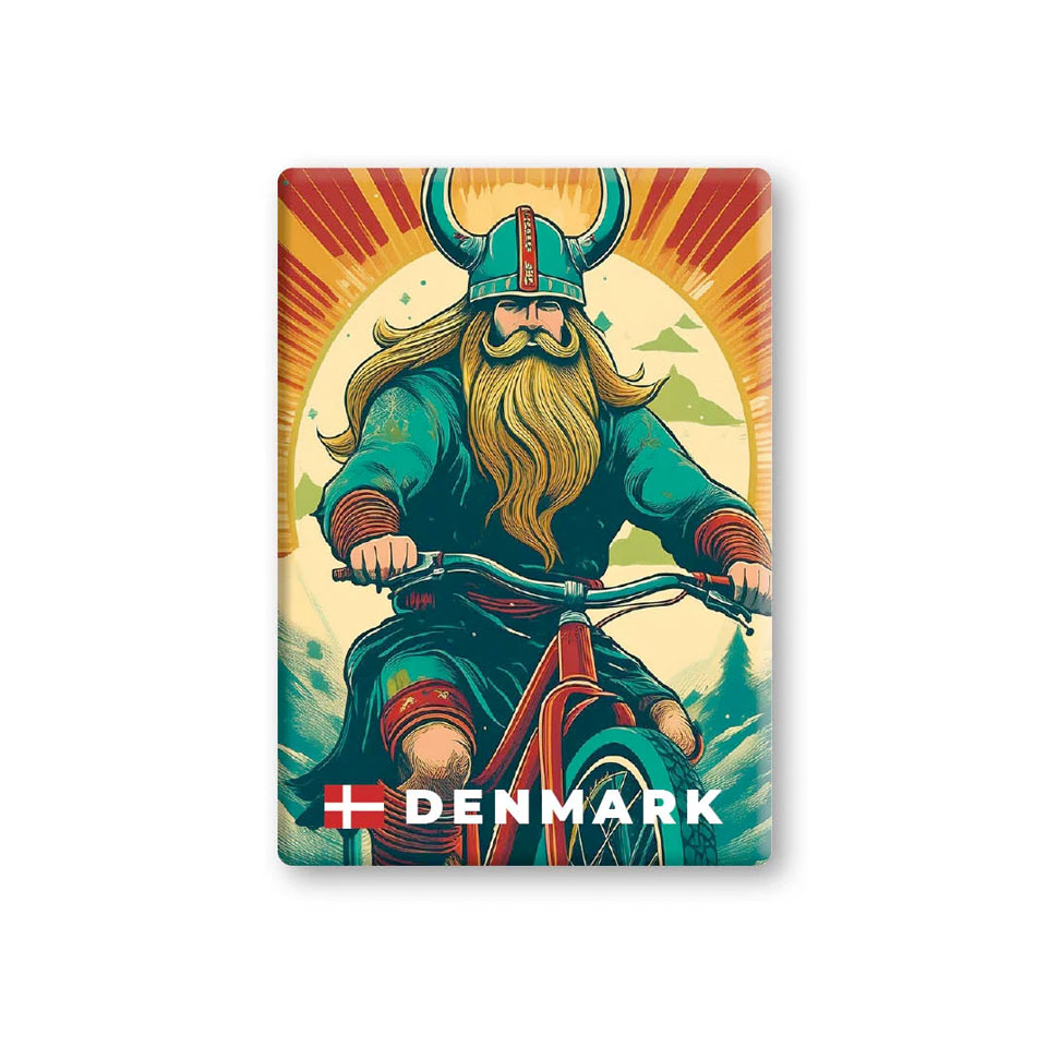 Denmark køleskabsmagnet med viking på cykel i grafisk nordisk design