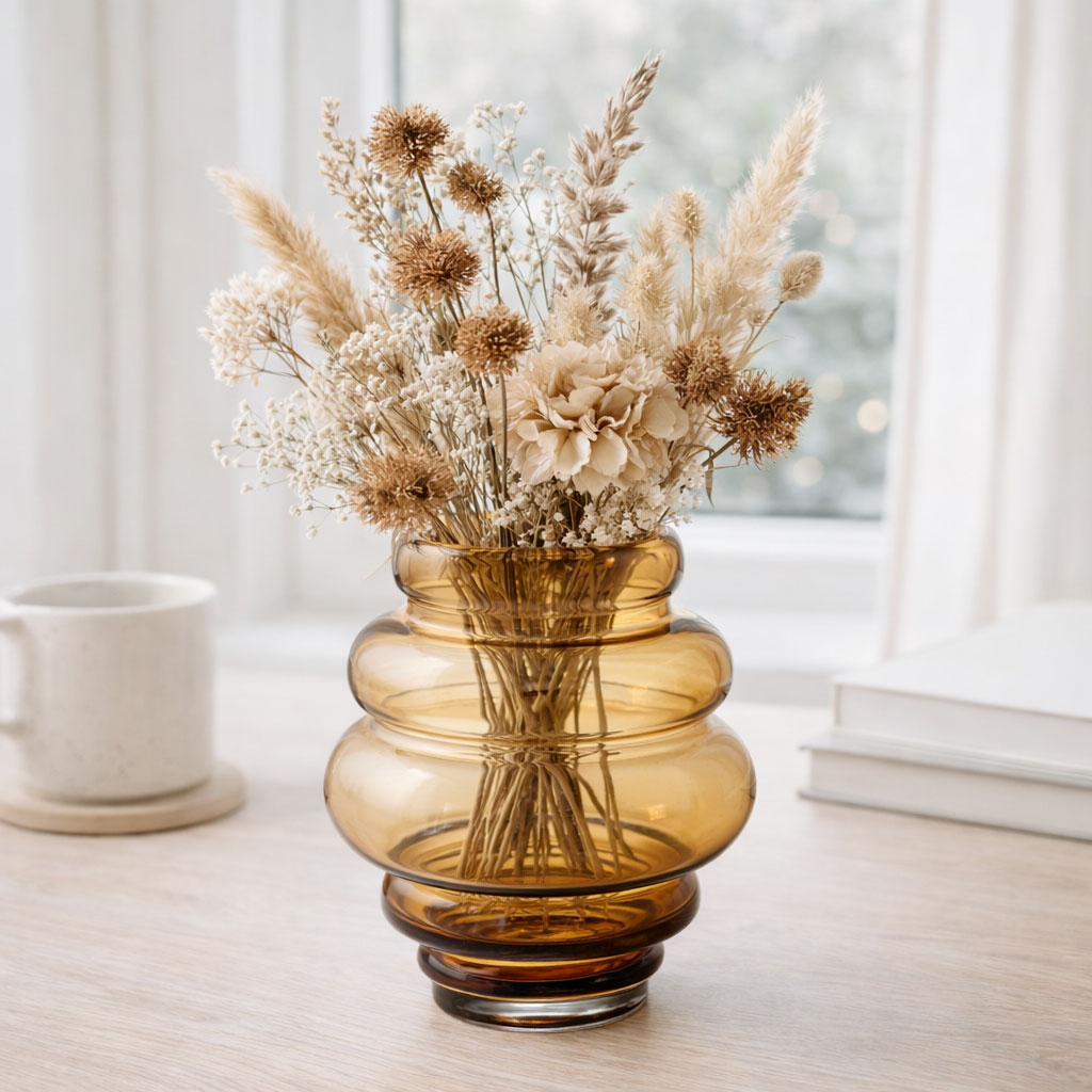 Cirkel glasvase fra Wikholm Form i glas med tørrede blomster