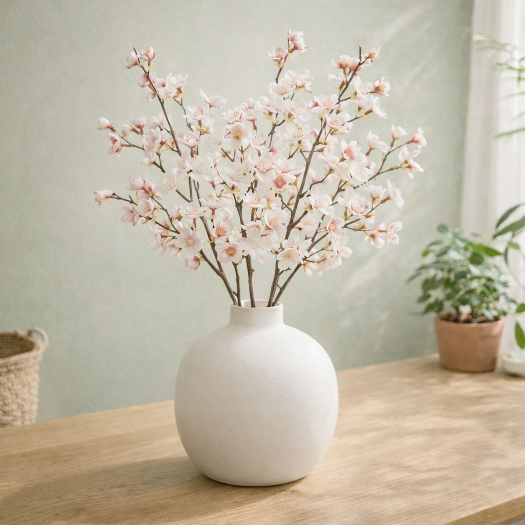 Kunstig kirsebær kvist 60 cm i hvid vase i nordisk indretning