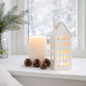 Porcelæn lanterne hus hvid – højhus fyrfadsstage 26 cm