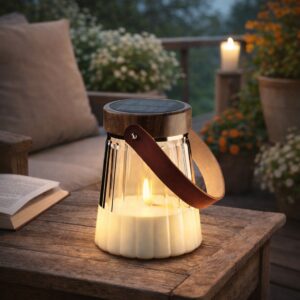 LED glas lanterne Deluxe – solcelledrevet, klar, 15×18 cm