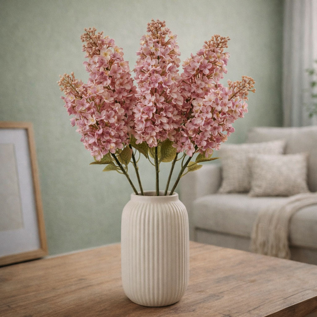 Kunstig rosa syren 63 cm i vase – naturtro kunstig blomst i nordisk stil