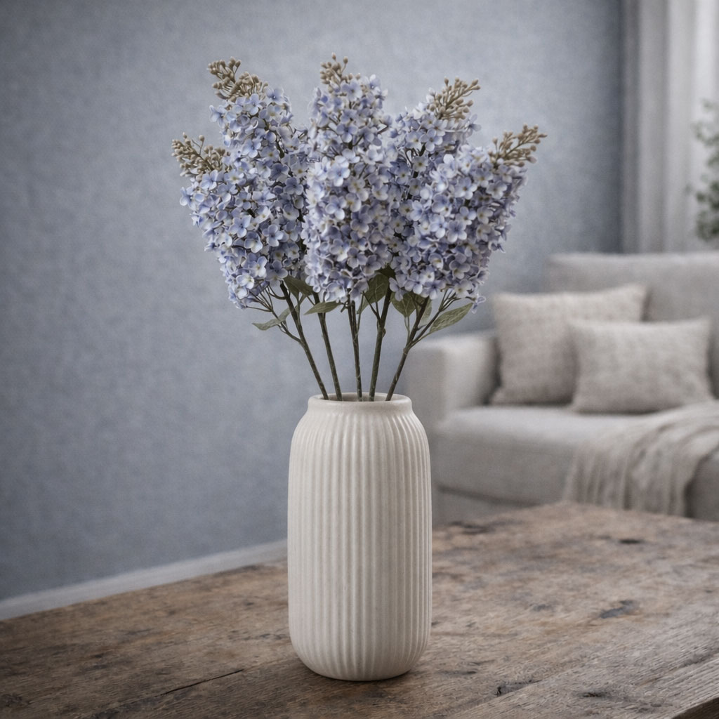 Kunstig blå syren 63 cm i vase – naturtro kunstig blomst i nordisk stil