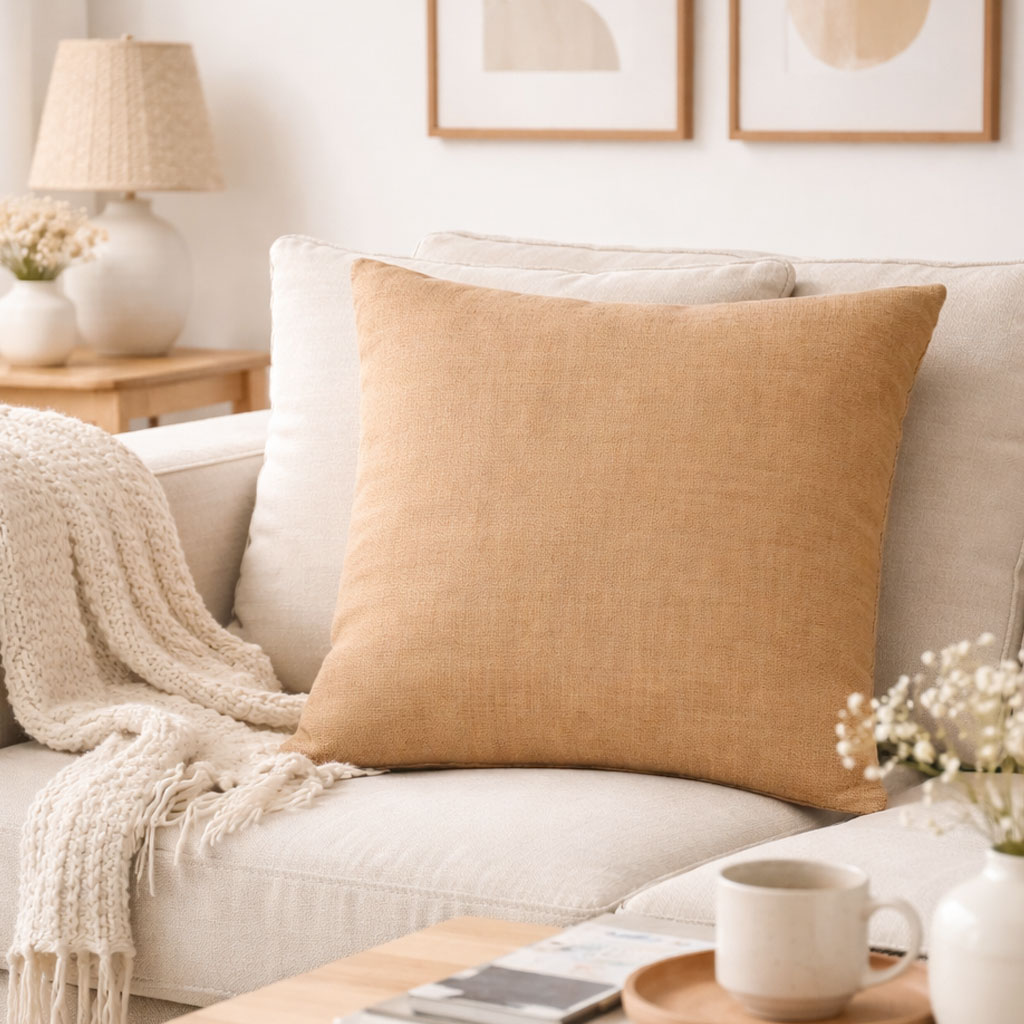Pudebetræk hør Caramel 50x50 fra Cozy Living i varm karamel­farve